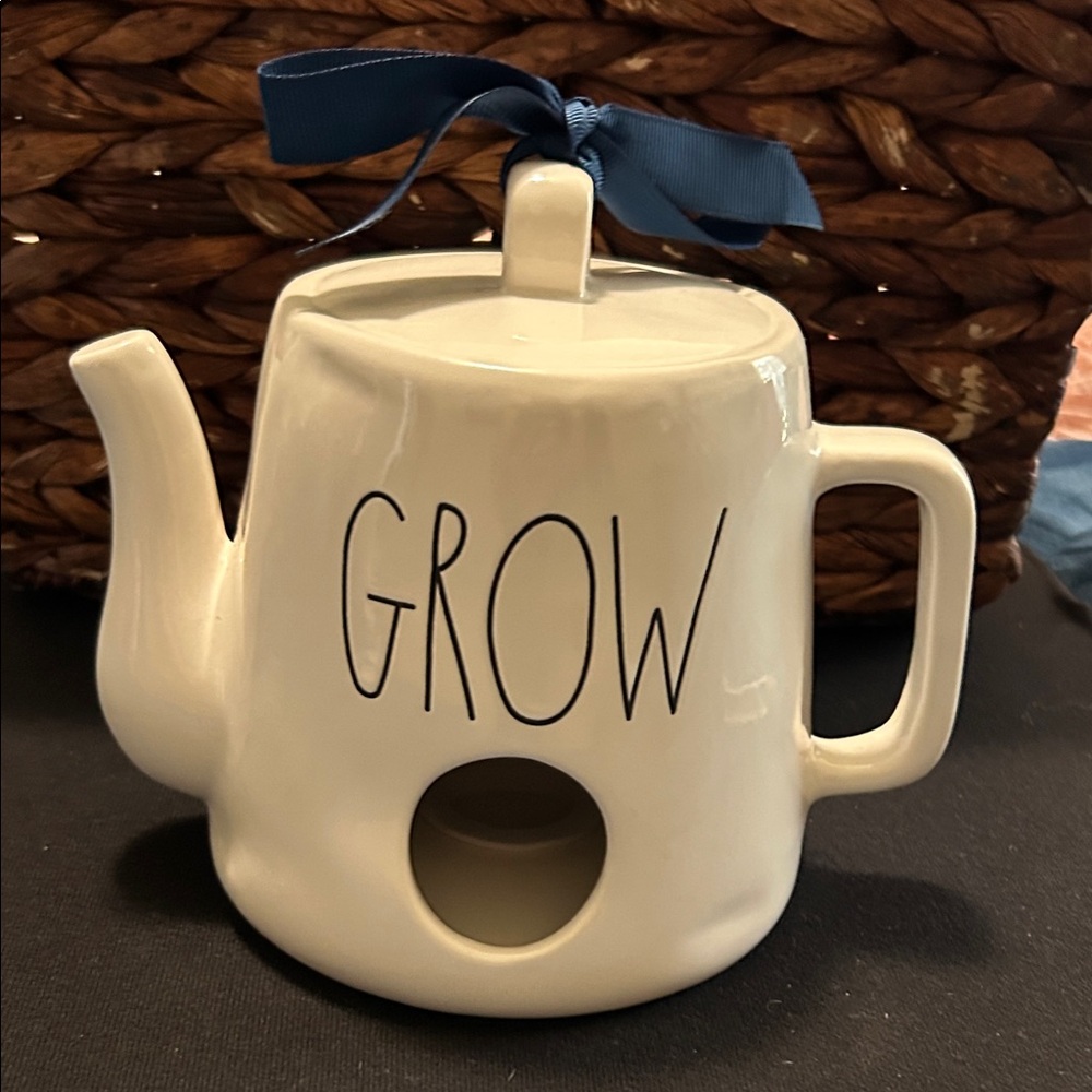 Rae Dunn Elegant Ceramic Teapot Birdhouse with Blue Ribbon